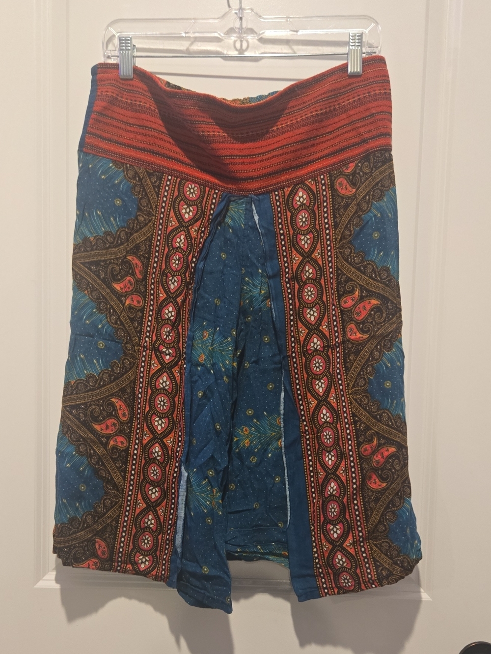 Boho Gypsy Sisters Blue Paisley Midi Shorts with Red Waistband